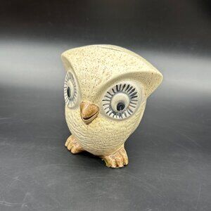 Vintage Owl Coin Bank Beige Speckled Big Eyes Figurine 1970s Retro Ceramic